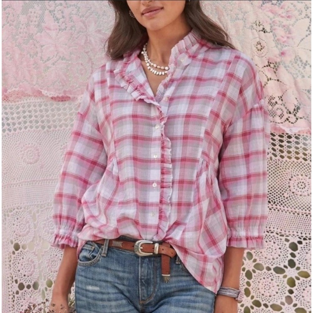 Sundance Womens‎ Plaid Pink Top Petite PXS  Ruffle Front Oversized Bohemian